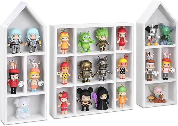 Ikee Design 3 Pcs Set Wooden Shadow Cubby Box Display Shelf Organizer Storage Shadow Box for Collectibles, Mini Figures, 17 compartments, White Color, 22.8W x 2.4D x 15.7H in