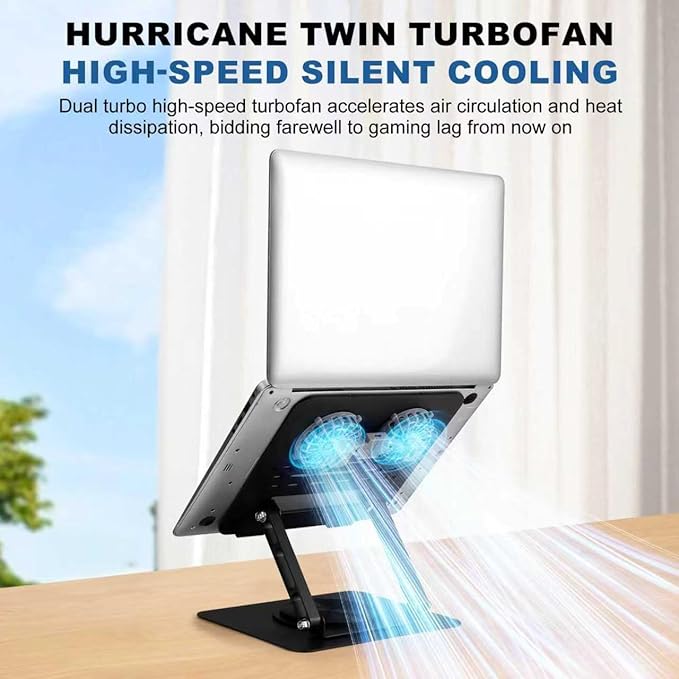 Laptop Cooling Pad with 2 Detachable Fans, Adjustable Height & Angle Stand, 360° Rotation, Ultra-Sturdy Carbon Steel Frame, Quiet Cooling for 10-17.3" Laptops (Black)