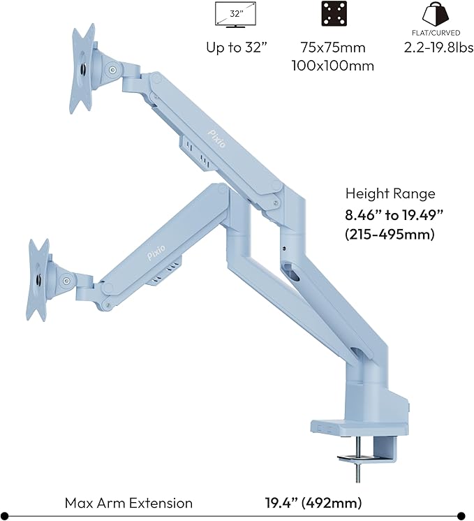 Pixio PS1D Wave Blue Dual Monitor Arm Stand Desk Mount - Fits up to 32 inches Monitors and up to 19.8lbs. VESA Compatibility and Integrated Cable Management