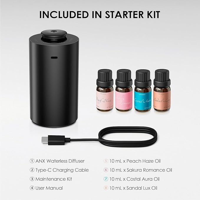 Airversa Waterless Essential Oil Diffuser Starter Kit with 4 x 10mL Fragrance Scent Oil, Battery Operated Mini Scent Air Machine Portable Diffuser for Home Car Office, ANX Black