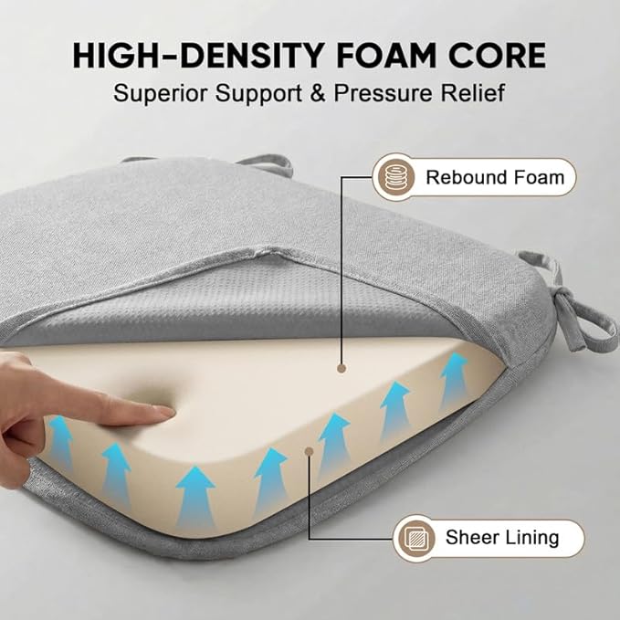 Chair Cushions Set of 2, D-Shaped Seat Cushion for Chair, Non Slip Chair Pads with Ties, 17" x 16" x 2", 40D Foam, Removable Washable Cover, Seat Cushions for Kitchen Chairs, Light Grey