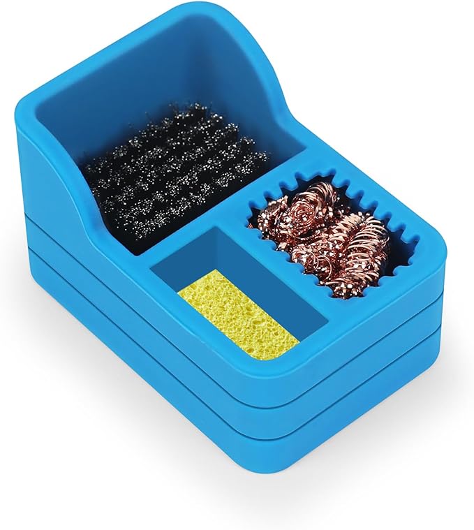 Soldering Iron Tip Cleaner Kit with Brass Wool, Sponge & Steel Brush in Blue Silicone Holder – Heat & Scratch Resistant Cleaning Tool for Soldering, Electronics Repair & DIY Projectst
