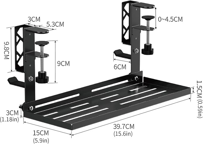 15.6” Under Desk Cable Management Tray, No Drill Steel Organizers, Wire Management Rack with Clamp Mount, Metal Under Desk with Wire and Cord Organizer