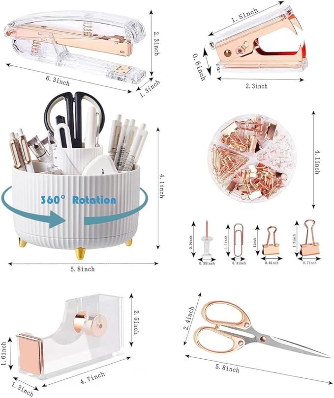Gawsey Pink Desk Organizers and Accessories Set with 360-Degree Rotating Pen Holder, Acrylic Stapler, Tape Holder, Staple Remover, Binder/Paper Clips Kit, Scissor and 1 Box of Staples