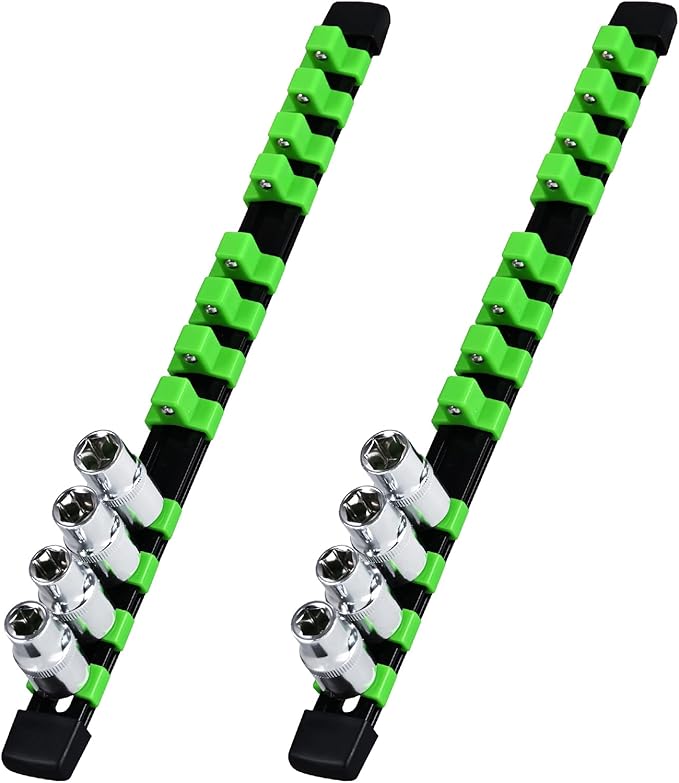 1/2-Inch Drive Heavy Duty Socket Holder Kit ABS, Socket Rail 12 Clips Green, 2 Pieces