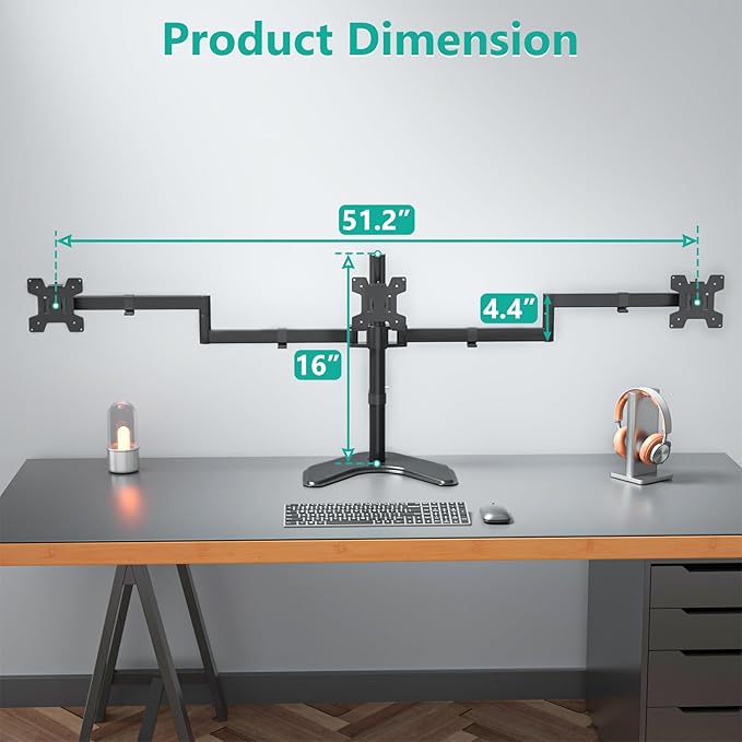 WALI Triple Monitor Stand, Free Standing Three LCD Monitor Fully Adjustable Desk Mount Fits 3 Screens up to 27 inch, 22 lbs Weight Capacity per Arm (MF003), Black