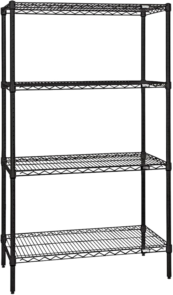 Quantum Storage Systems WR54-1424BK Wire Shelving Starter Kit, 24" W x 14" D x 54" H, 600 lbs Capacity, Carbon Steel, Epoxy Coated, Black, NSF