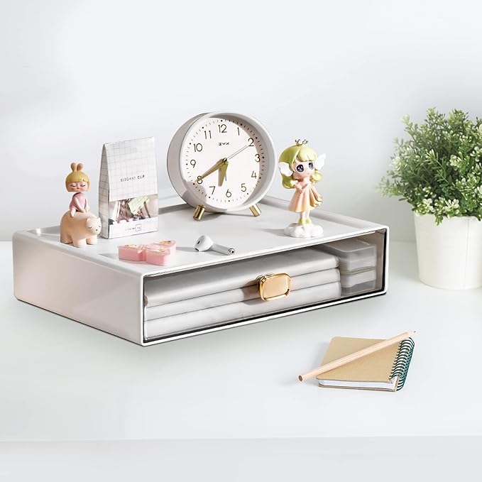 Stackable Desk Organizer with Drawer - 13" Wide Storage Drawer - Plastic Clear Desktop Organizer for Office, Classroom, Make Up (White, L-1 Drawer, 1 PACK)