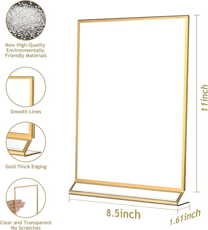 Petallush 8.5 by 11 Gold Acrylic Picture Frame Stands for Display 8PCS, Double Sided Acrylic Wedding Table Number Sign Holder 8.5 x 11, Clear Menu Flyer Paper Holder for Wedding Party Decor