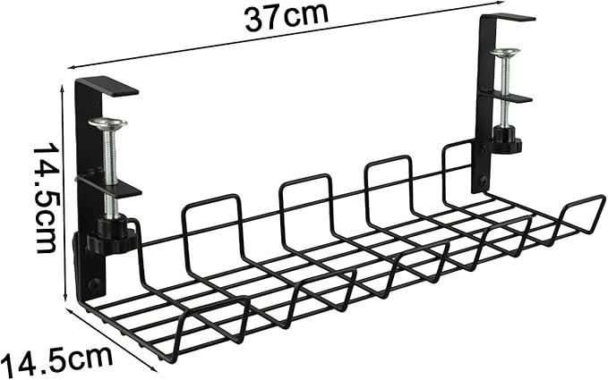 Under Desk Cable Management Tray Wire Organizer, 37 x 14.5 x 14.5 cm, Carbon Steel Mesh Rack with Clamp-On Design, No Drilling Required