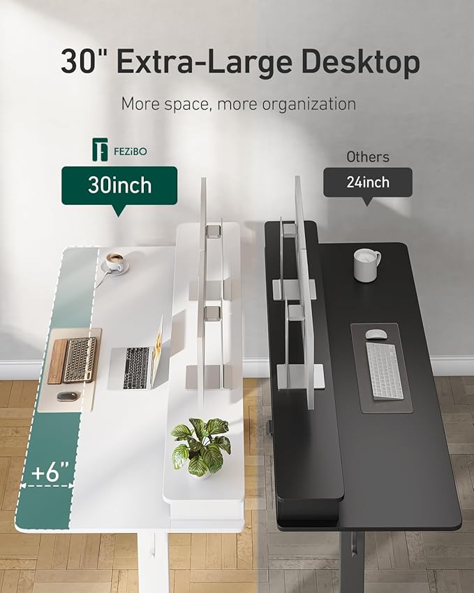 FEZIBO 60 x 30 inch Standing Desk with Drawers, Height Adjustable Electric Workstation, Computer Sit Stand Up Table with Large Storage Shelf 4 Drawers and 2 Hooks, White