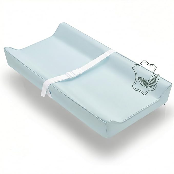 Vegan Leather Contoured Baby Changing Pad | Waterproof & Wipe-Clean PU Leather Diaper Change Mat, Soft, Wipeable Cover, Safety Strap, Non-Slip Bottom, Topper for Standard Infant Diaper Table & Dresser
