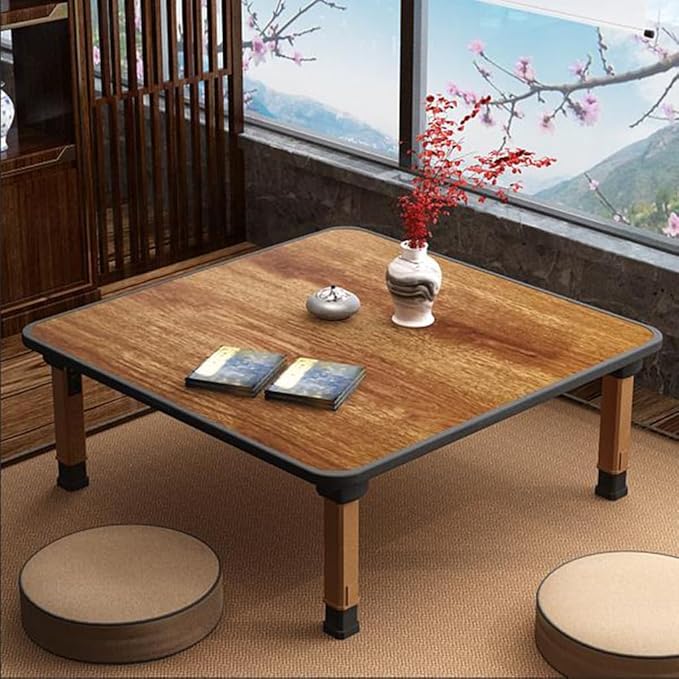 Japanese Wooden Folding Tea Coffee Tables, Square Floor Adjustable Low Table for Tatami Sitting On The Floor, Foldable Laptop Kotatsu Dining Table Meditation Bay Window Table (60 * 60cm)