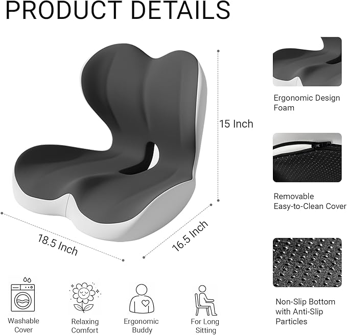 Ergonomic Seat Cushion Set with Lumbar Support Pillow, High-Density Memory Foam Cushion with Non-Slip Base, Posture Support Cushion for Office Chair, Home Chair, Car Seat (Dark Gray + Light Gray)