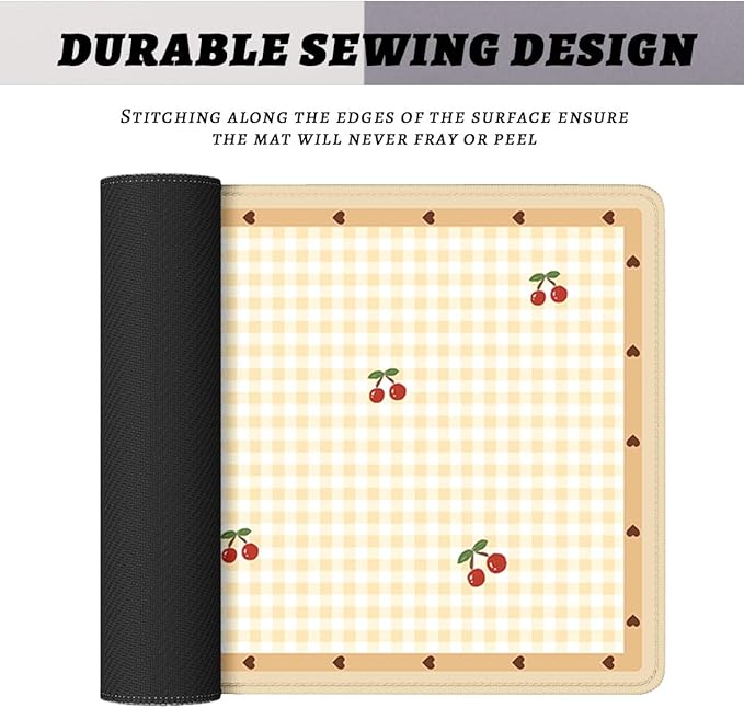 Cute Puppy Mouse Pad Cartoon Cherry Gingham Mousepad Extended Large Laptop Keyboard Non-Slip Rubber Base with Stitched Edges for Home 31.5x11.8 Inch