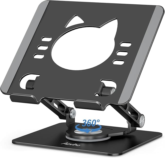 Aoviho Tablet Stand 360° Rotating Aluminum Holder, Adjustable, Portable and Foldable Monitors Stand for iPads, Compatible with 4-12.9" Tablets, Ink Black