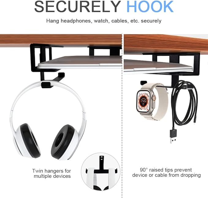 IFCASE Under Desk Laptop Mount & Headphone Holder with Adhesive & Screw, Hard Aluminum Under Table Desk Holder for Laptop, Mac mini, MacBook Pro (Black)