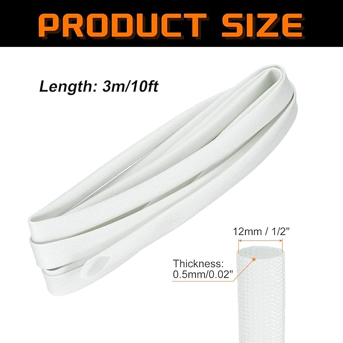 MECCANIXITY 10ft Braided Cable Sleeve, 1/2" ID 200C Heat Resistant 1500V Fiberglass Wire Insulation Cord Protector Organizer Wires Management for Motor Engine Fuel Line, White