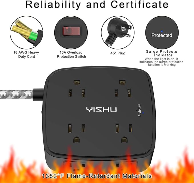 Surge Protector Power Strip - YISHU 8 Outlets with 4 USB (2 USB C) Charging Ports, 6Ft Braided Extension Cord, Flat Plug Multi Plug Outlet Extender Charging Station for Home Office, ETL, Black
