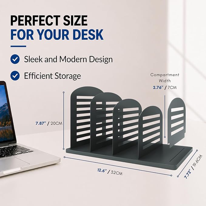 CraftSaints Vertical Desk File Organizer, 4 Sections, Slotted Metal Dividers, Modern Open Design Desk Top File Holder for Home, Office & Classroom