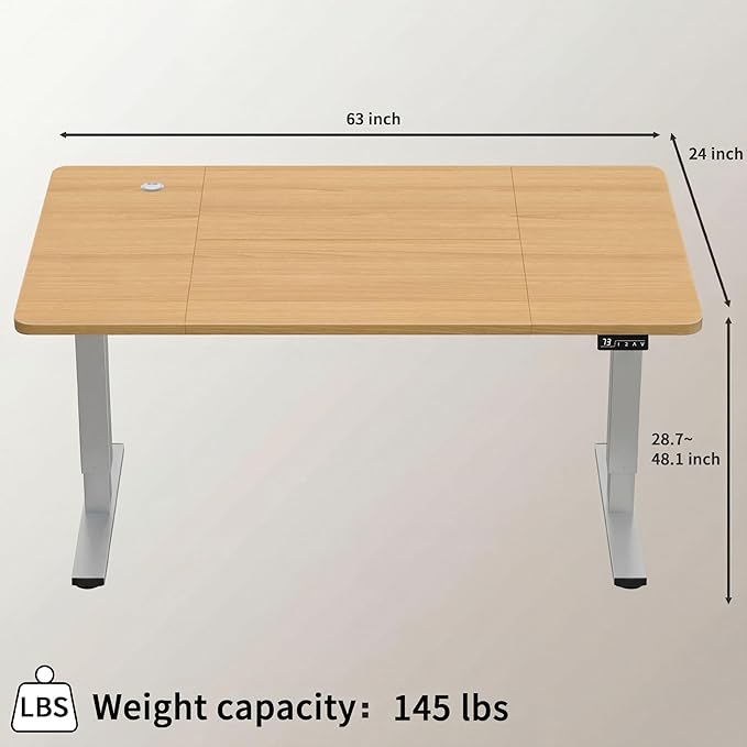 Furmax Electric Height Adjustable Standing Desk Large 63 x 24 Inches Sit Stand Up Desk Home Office Computer Desk Memory Preset with T-Shaped Metal Bracket, Wood