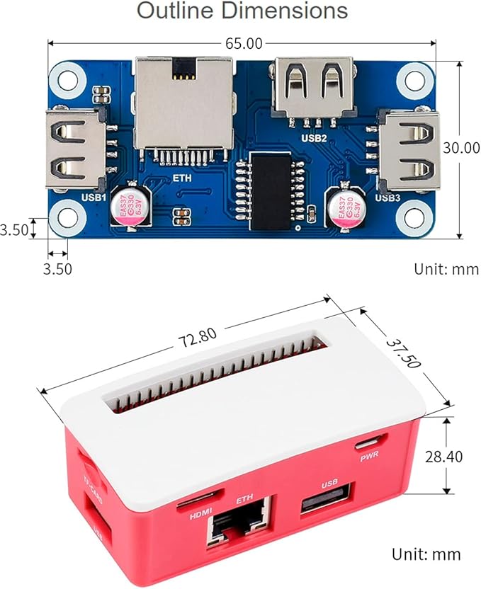 Ethernet/USB HUB HAT Board with ABS Case for Raspberry Pi Zero 2 W/Zero 2WH, with 3X USB Ports, Compatible with USB 2.0/1.1 and 1x RJ45 Ethernet Port 10/100M Auto-Negotiation