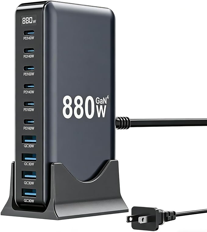 USB C Charger 880W USB C Charger Block,Upgraded GaN IV 10-Port Charging Station Hub,Travel Essentials 140W Fast Charging Laptop Adapter for MacBook Pro/Air,DELL,Steam Deck,iPhone 17/16,Galaxy S25/24