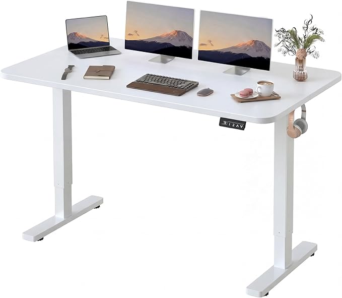 Furmax Electric Height Adjustable Standing Desk Large 55 x 24 Inches Sit Stand up Desk Home Office Computer Desk Memory Preset with T-Shaped Metal Bracket, White