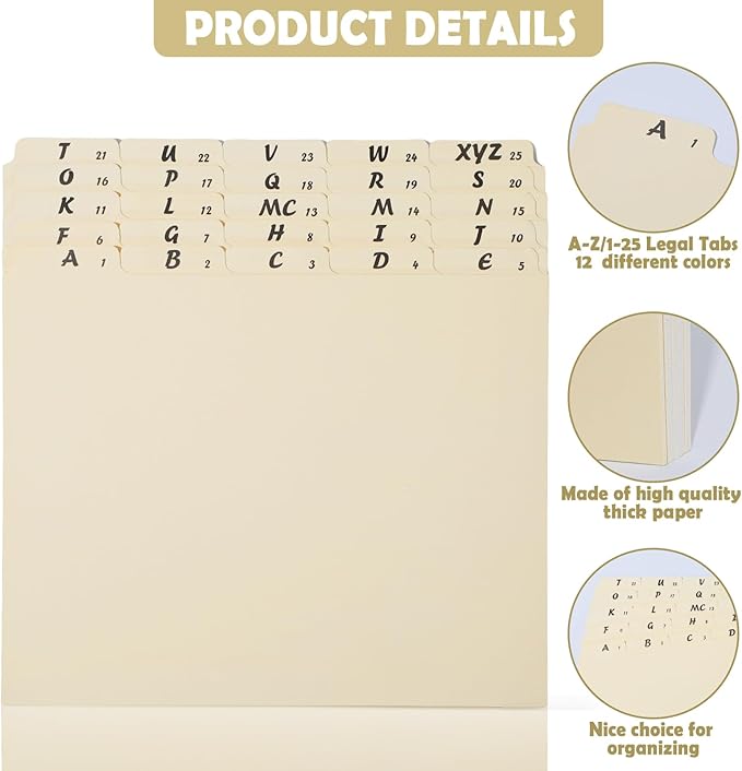 1 Set 25 Alphabet File Dividers A-Z Top Tab File Guides Letter Size 1/5 Cut Tab Manila Alphabetical File Organizer File Cabinet Dividers for Work Office Home School and Desk Organizer (Beige)