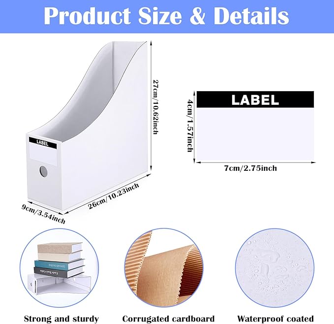 25-Pack White Cardboard Magazine File Holders, 10.2" L x 3.5" W x 10.6" H Large-Capacity Document Organizer Boxes, Foldable Book Bins for Shelves, Office or Home Use with 25 Bonus Labels