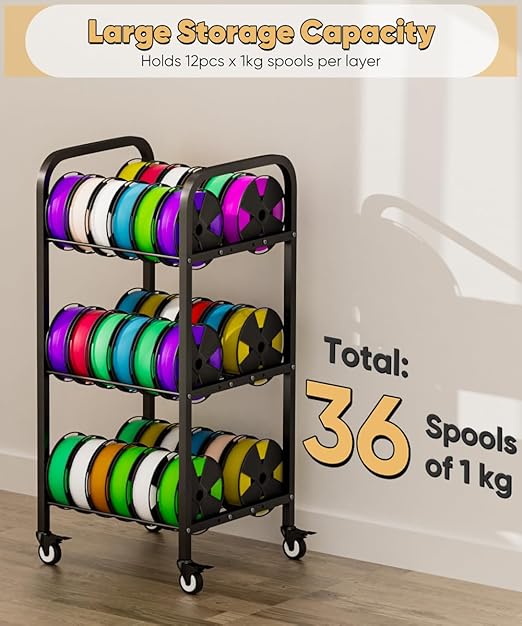 3-Tier 3D Printer Filament Storage Rack with Wheels, Rolling Spool Holder Stand Cart, Holds up to 36×1kg Spools, Heavy Duty Metal Filaments Organizer Shelf for Printing Studio Office Workshop