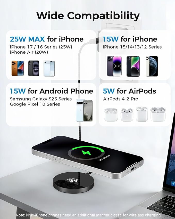 25W Magnetic Wireless Charger, Qi2.2 Fast Wireless Charging Pads with Kickstand,MagSafe Charger for iPhone 17/16/15/14/13/12 Series & AirPods 4/3/2/Pro, Samsung S26 S25 Series, Google Pixel 10