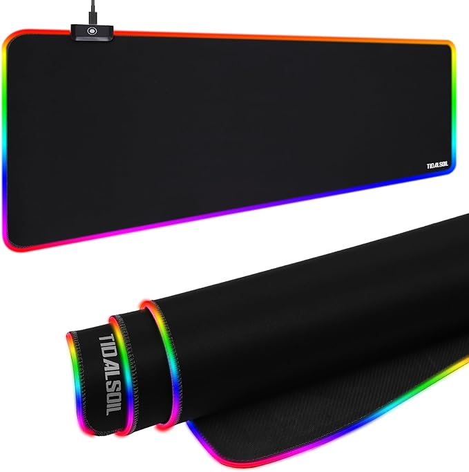 TIDALSOIL RGB Gaming Mouse Pad, 31.5 x 11.8 Inch Oversized Mouse Mat with 12 Light Modes, Non-Slip Rubber Base, Large Keyboard Pad for PC Gaming, Office, Black
