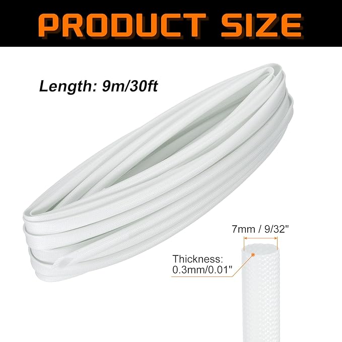 MECCANIXITY 30ft Braided Cable Sleeve, 9/32" ID 200C Heat Resistant 1500V Fiberglass Wire Insulation Cord Protector Organizer Wires Management for Motor Engine Fuel Line, White