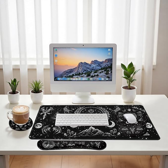 Dark Fantasy Desk Mat Set Magic Gothic Celestial Emblem Large Mouse Pad with Wrist Rest 4in1 Desk Mat for Desktop Ergonomic Computer Desk Arm Wrist Anti-Slip Computer Mouse Pad Home Office Gaming