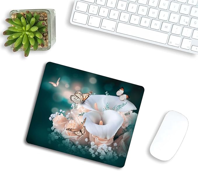 Flower Butterfly Mouse Pad, Calla Lily Pink Rose Customized Premium-Textured Mouse Mat,Washable Mousepads Non-Slip Rubber Base Small Mousepad, 9.5×7.9×0.12 inches