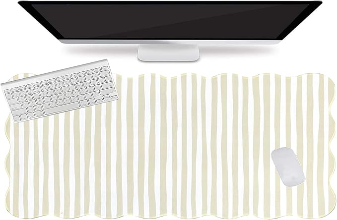 L-SPOUTTO Beige Striped Mouse Pad,Scalloped Desk Mat XXL Large Geometric Gaming Mousepad,35.4x15.7in Non-Slip Rubber Base Keyboard Pad Waterproof Desktop Mat for Laptop Computer Game Home Office