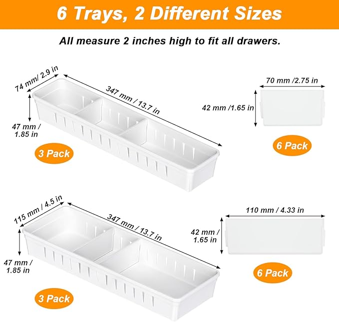 6 PCS Desk Drawer Organizer, Bathroom Drawer Organizer Trays with Dividers Adjustable, 3 Small 3 Large Makeup Organizer Bins, White Drawer Dividers for Vanity Clothes Junk Kitchen Utensil