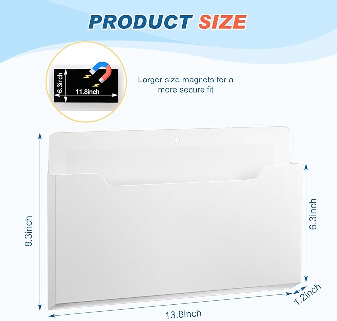 Fuutreo 6 Pcs Magnetic Wall File Organizer Magnetic Wall File Holder Refrigerator Magazine Holder for Mail Letters Paper(White,Horizontal-large)