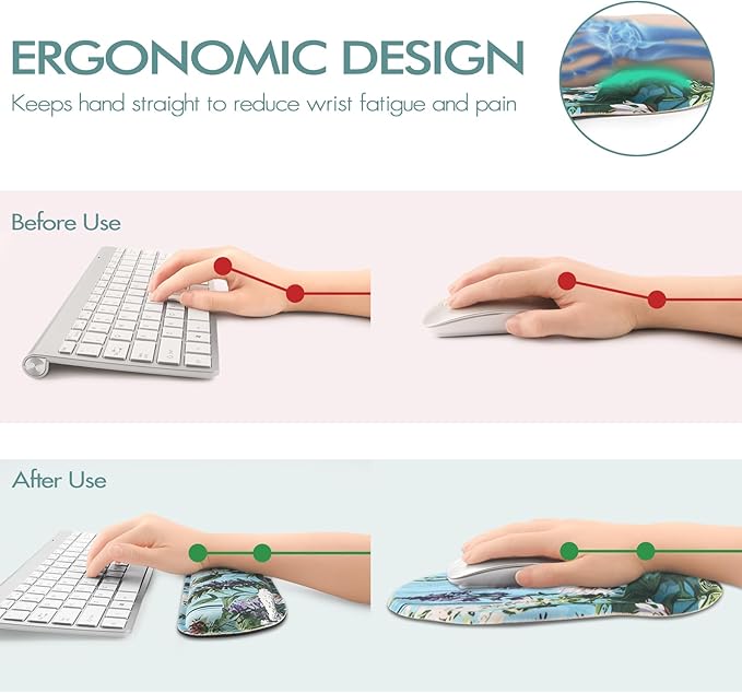 Keyboard Wrist Rest, Ergonomic Mouse Pad Wrist Support, Memory Foam Wrist Rest, Anti-Slip Base, Mousepad with Coaster for Computer Keyboard Office Home, Green Plant Flowers