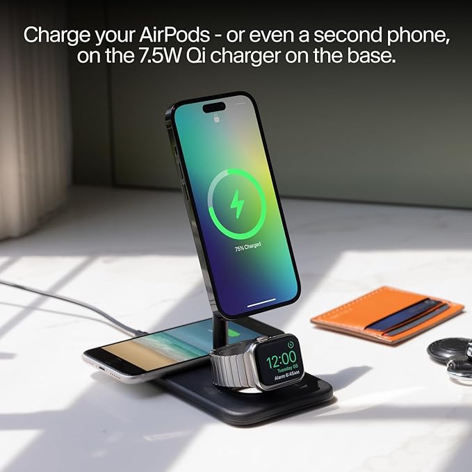 Twelve South HiRise 3 Deluxe Twelve South 3-in-1 MagSafe + Qi2 Charging Stand for iPhone, Watch, and AirPods, Black