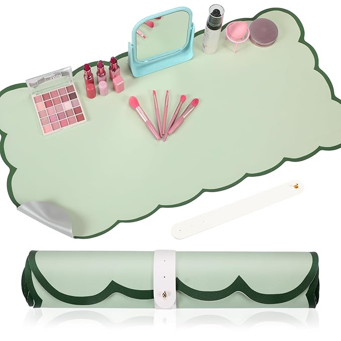 Teenyyou Makeup Mat for Vanity Protect Scalloped Makeup Mat 31.5 x 15.8'' Vanity Cover Top 2026 Graduation Gifts Dual-sided Dressing Table Pad Waterproof Mouse Pads for Dormitory Desktop(Green)