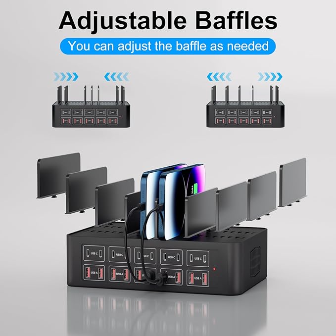 150W/35A Charging Station for Multiple Devices, 20 Port USB C Fast Charging Station with Adjustable Dividers - Organizer Charging Dock for Smartphone, iPad, Kindle, Tablet & More