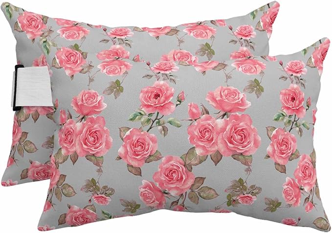 Outdoor Pillows with Insert 2 Pack-11"x16" Spring Summer Pink Rose Floral Vintage Head Pillow for Pool Lounger and Office Chair Lumbar Pillow with Adjustable Strap