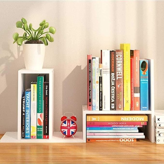 Mmdipon Small Wood Adjustable Desktop Bookshelf, Expandable Storage Rack, Display Shelf, Office Supplies Organizer (White)