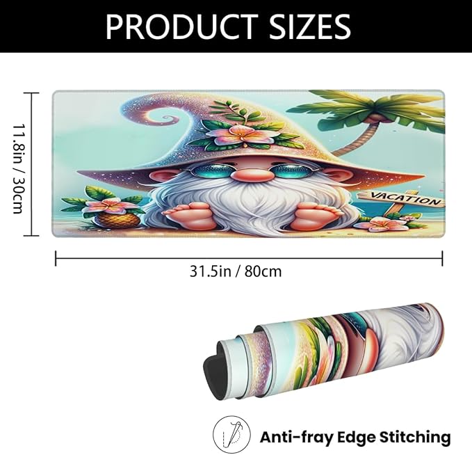 Large Mouse Pad Summer Beach Gnomes Non-Slip Rubber Long Gaming Desk Mat Big Computer Keyboard Mousepad Waterproof Protector Wristing Pad for Gaming Office Home Decorative 31.5 X 11.8 Inch