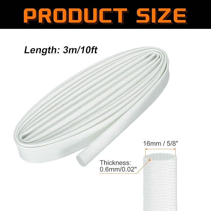 MECCANIXITY 10ft Braided Cable Sleeve, 5/8" ID 200C Heat Resistant 1500V Fiberglass Wire Insulation Cord Protector Organizer Wires Management for Motor Engine Fuel Line, White