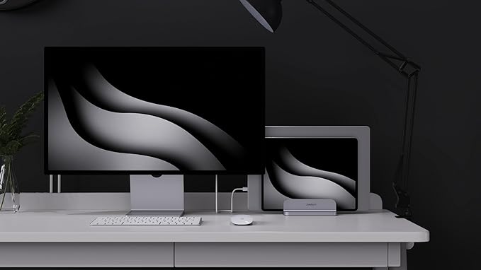 JOKItech Double Aluminum Laptop Vertical Stand Organizer, Sturdy Notebook Computer Holder Stand Compatible with New Liquid Retina XDR Apple MacBook Air/Pro/Neo, Mac mini, Apple TV & iPad Pro - Silver