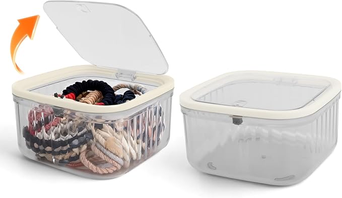 THMINS 2 Pack Hair Accessories Organizer for Girls,Small Plastic Storage Box with Lid for Kids Hair Clips,Ties,Bows&Jewelry,Stackable Dust-Proof Flip Top Container,Desktop Organizer(Grey)