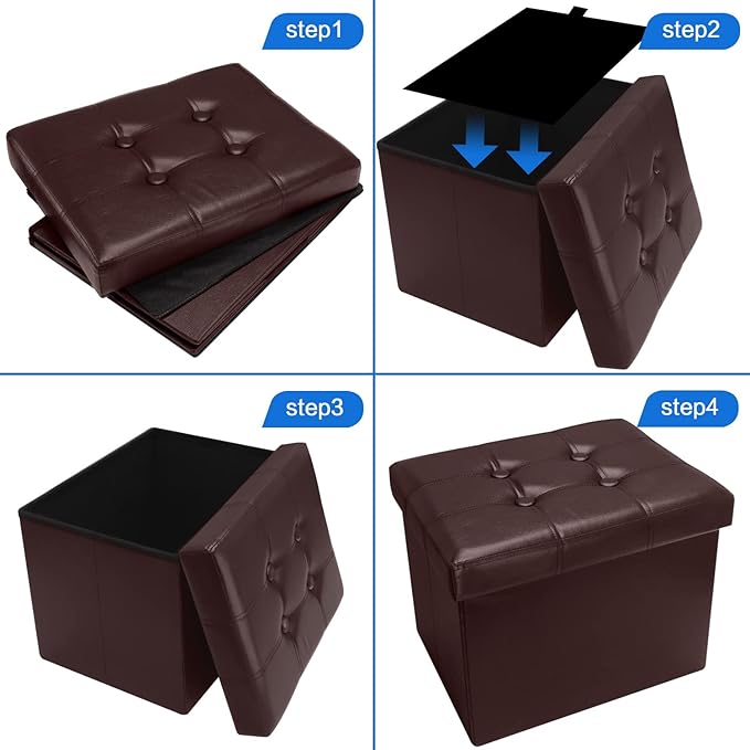 Bsketa Storage Ottoman, Folding Foot Stool with Thicker Foam Padded Seat Small Leather Storage Ottoman Bench Foot Rest for Living Room Foldable Coffee Table 17x13x13in,Brown
